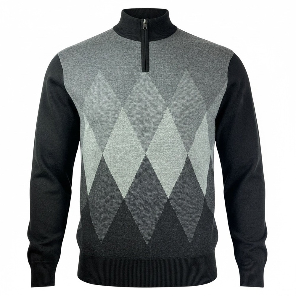 Studio by Omega Men's Argyle Quarter Zip Sweater Black Grey Size L